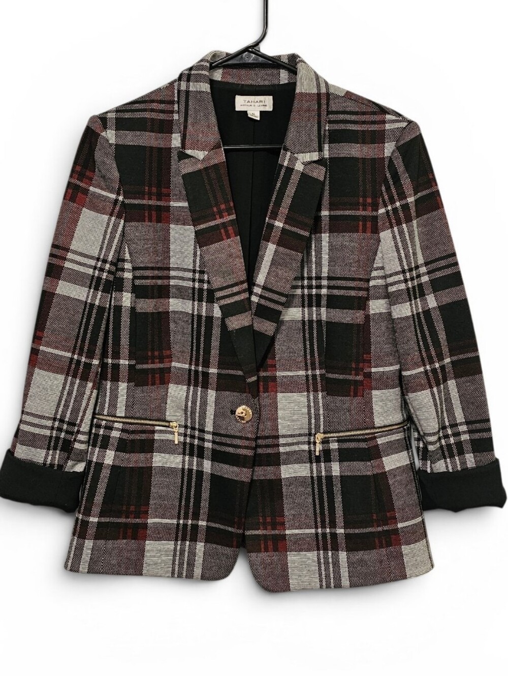 Tahari Arthur S. Levine Plaid Blazer Black & Red Zip Pockets Women's Size 12